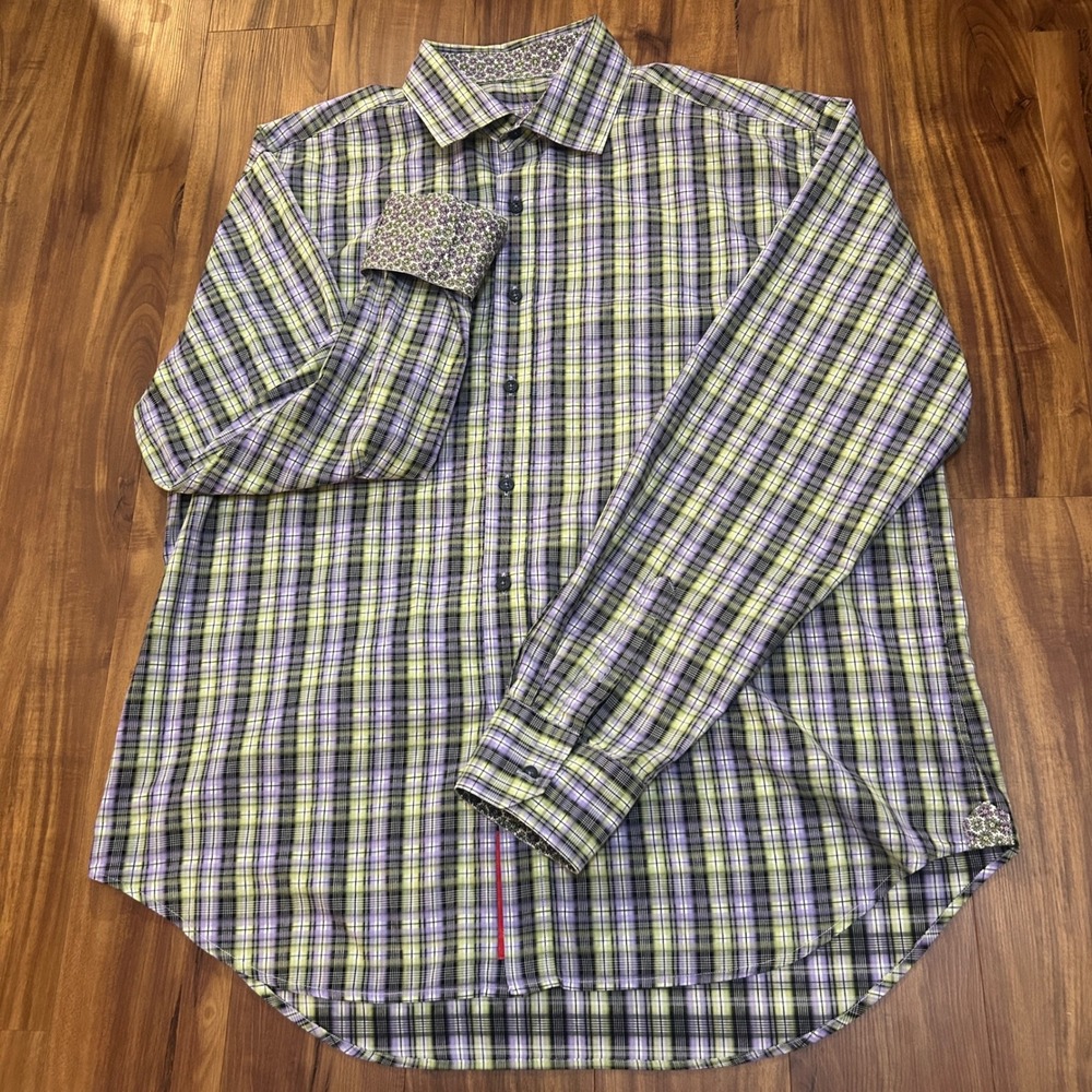 Robert Graham Mens 2XL Plaid Button‎ Down Shirt Purple Lime Green Floral Cuffs